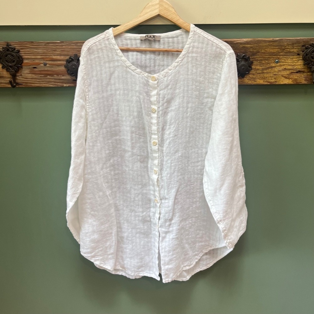 FLAX White 100% Linen Striped Texture Button Down Top Lagenlook Large